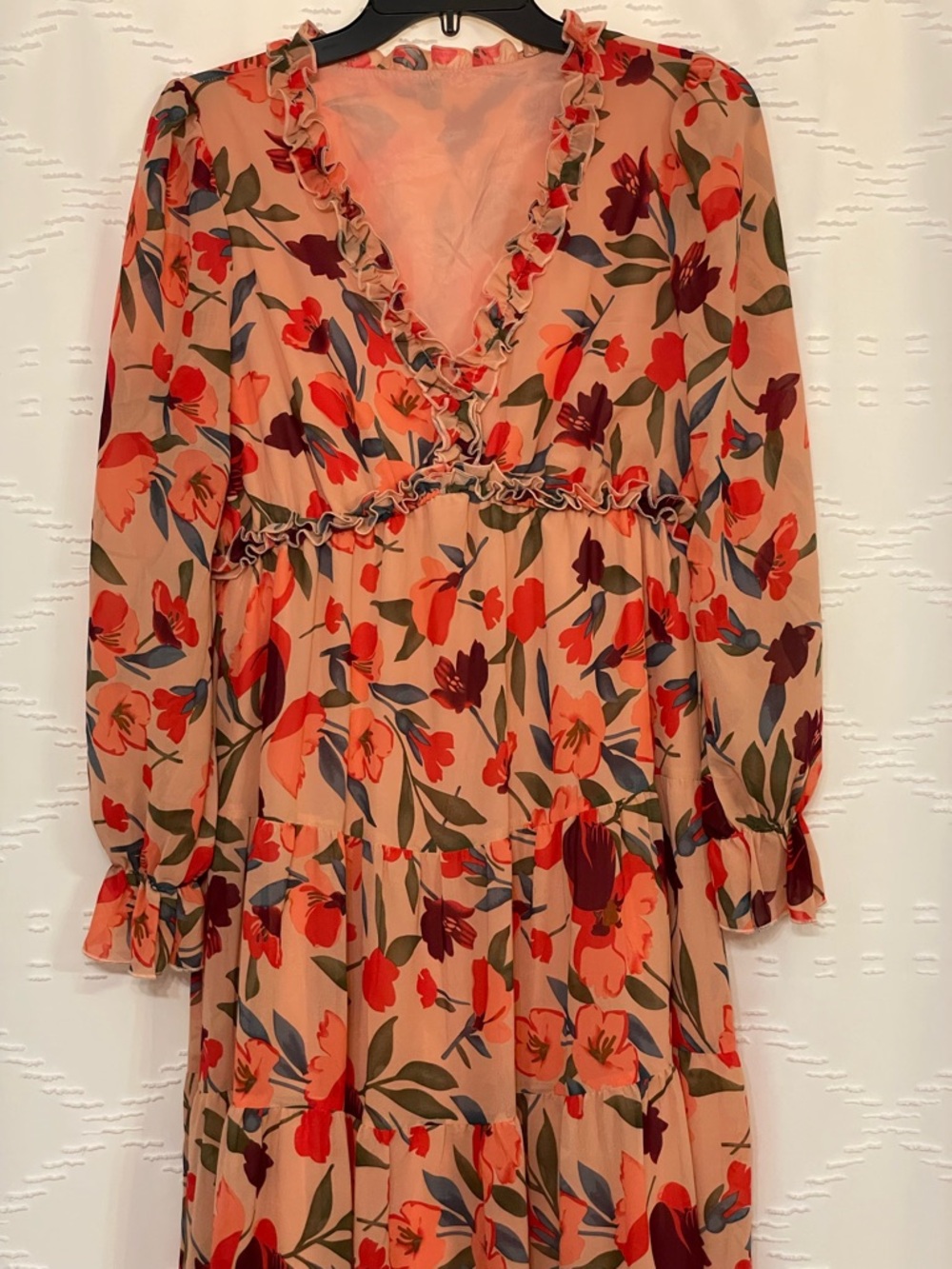Floral Ruffle V-Neck Maxi Dress - Peach/Coral